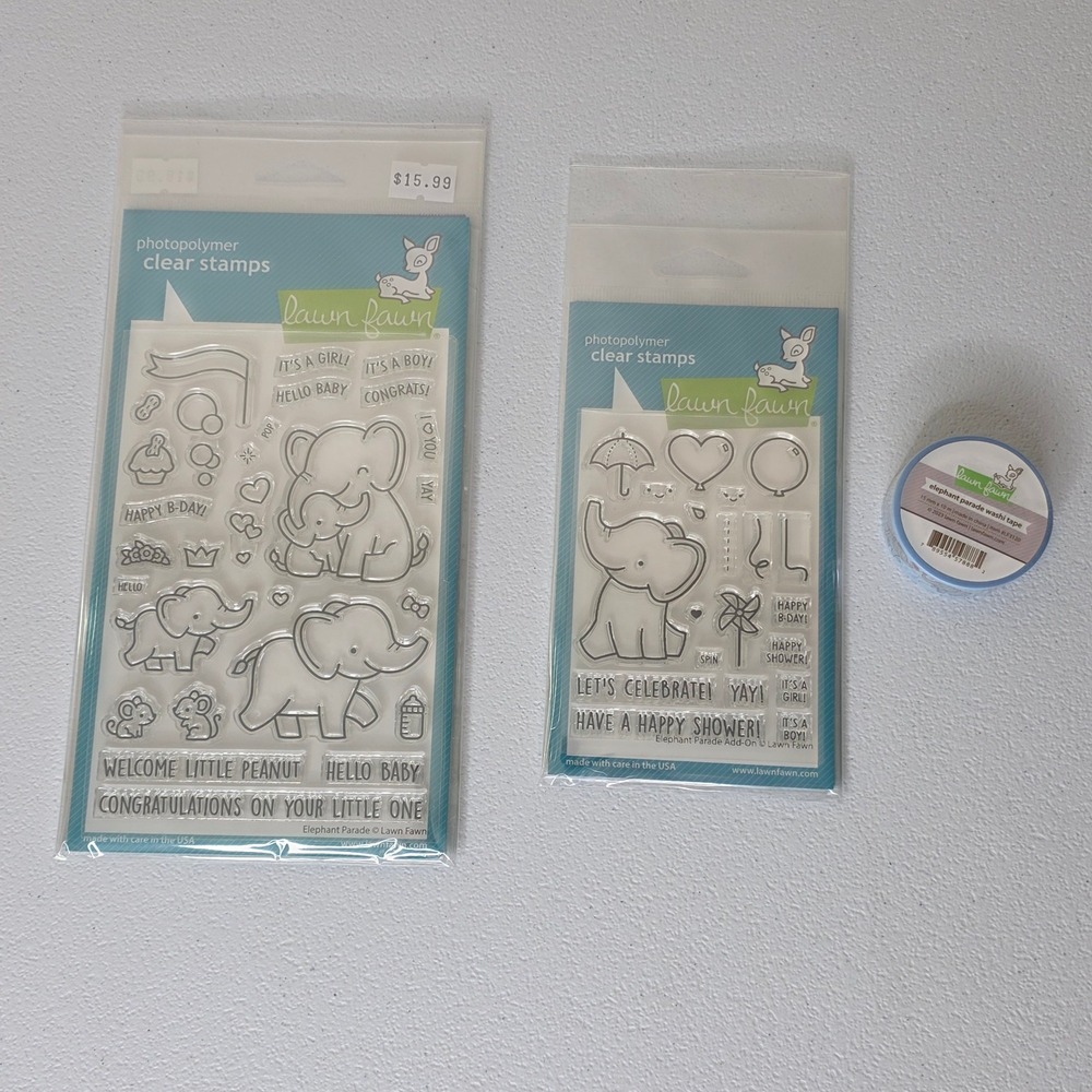 NWT Lawn Fawn Elephant Parade Stamp Die Washi Bundle Baby Shower Crafts